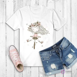 Polera blanca con ilustración de una niña sonriente montando una bicicleta, con cabello al viento y flores en el pelo