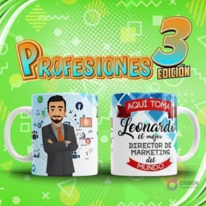 Mockup de dos tazas sublimadas: una con diseño de director de marketing hombre y otra con su nombre 'Leonardo' y título. Arriba, el título 'Profesiones Edición 3'.