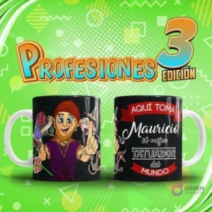 Mockup de dos tazas sublimadas: una con diseño de tatuador hombre y otra con su nombre 'Mauricio' y título. Arriba, el título 'Profesiones Edición 3'.