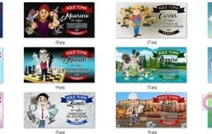 Muestrario de 12 mini mockups mostrando diseños de profesiones como Youtuber, esteticista, operador de máquinas pesadas, negociante internacional, ajedrecista, pescador, actriz, SST, ingeniero en sistemas, ambiental y en minas.