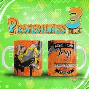 Mockup de dos tazas sublimadas: una con diseño de basquetbolista en acción y otra con su nombre 'Jorge' y título. Arriba, el título 'Profesiones Edición 3'.