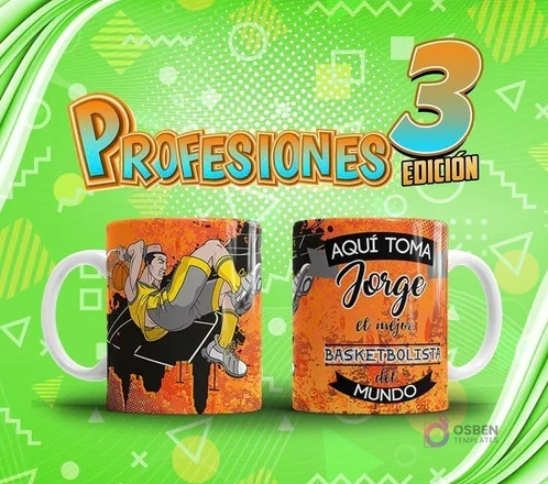 Mockup de dos tazas sublimadas: una con diseño de basquetbolista en acción y otra con su nombre 'Jorge' y título. Arriba, el título 'Profesiones Edición 3'. Mockup de dos tazas sublimadas: una con diseño de basquetbolista en acción y otra con su nombre 'Jorge' y título. Arriba, el título 'Profesiones Edición 3'.