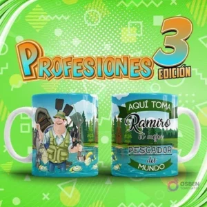 Mockup de dos tazas sublimadas: una con diseño de pescador sonriendo y otra con su nombre 'Ramiro' y título. Arriba, el título 'Profesiones Edición 3'.
