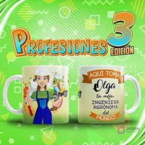 Mockup de dos tazas sublimadas: una con diseño de ingeniera agrónoma mujer y otra con su nombre 'Olga' y título. Arriba, el título 'Profesiones Edición 3'.