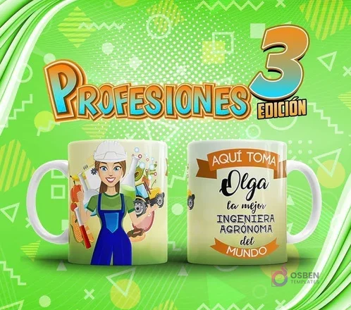 Mockup de dos tazas sublimadas: una con diseño de ingeniera agrónoma mujer y otra con su nombre 'Olga' y título. Arriba, el título 'Profesiones Edición 3'. Mockup de dos tazas sublimadas: una con diseño de ingeniera agrónoma mujer y otra con su nombre 'Olga' y título. Arriba, el título 'Profesiones Edición 3'.