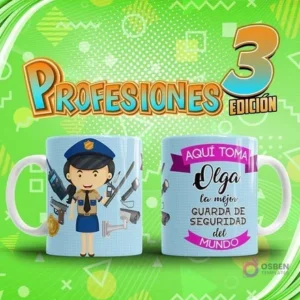Mockup de dos tazas sublimadas: una con diseño de guardia de seguridad mujer y otra con su nombre 'Olga' y título. Arriba, el título 'Profesiones Edición 3'.