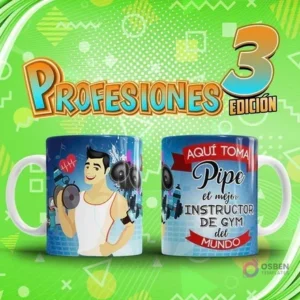 Mockup de dos tazas sublimadas: una con diseño de instructor de gym hombre y otra con su nombre 'Pipe' y título. Arriba, el título 'Profesiones Edición 3'.