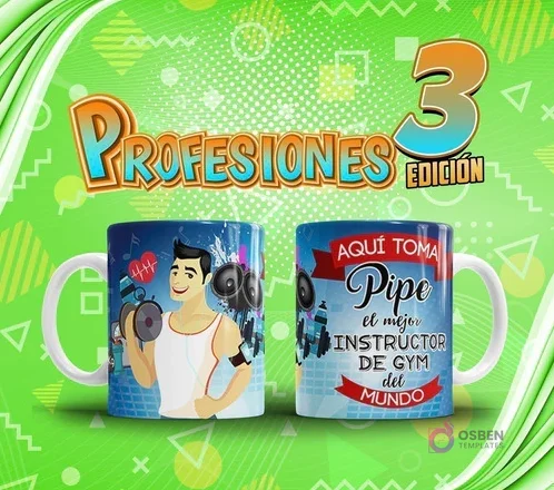 Mockup de dos tazas sublimadas: una con diseño de instructor de gym hombre y otra con su nombre 'Pipe' y título. Arriba, el título 'Profesiones Edición 3'. Mockup de dos tazas sublimadas: una con diseño de instructor de gym hombre y otra con su nombre 'Pipe' y título. Arriba, el título 'Profesiones Edición 3'.