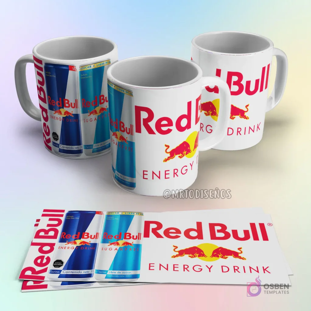 Taza de sublimación Red Bull Energy Drink con latas de bebida azul y plata, y el logo de los toros rojos sobre fondo blanco Taza de sublimación Red Bull Energy Drink con latas de bebida azul y plata, y el logo de los toros rojos sobre fondo blanco