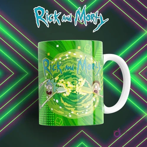 Taza sublimada verde con Rick y Morty emergiendo de un portal interdimensional brillante sobre un fondo geométrico neón verde Taza sublimada verde con Rick y Morty emergiendo de un portal interdimensional brillante sobre un fondo geométrico neón verde