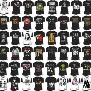 Colección de poleras negras personalizadas con logos y arte de bandas de rock y metal como Queen, Metallica, Iron Maiden y Linkin Park, ejemplos del pack de vectores para sublimación.