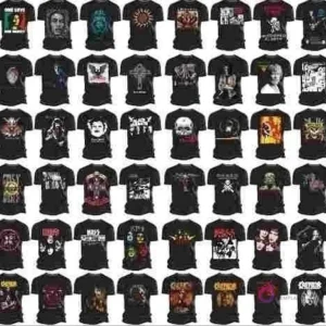 Panel visual con docenas de diseños de poleras de rock con logos de bandas icónicas como The Beatles, Ramones y Nirvana, demostrando la variedad del pack de vectores para sublimación y vinilo.