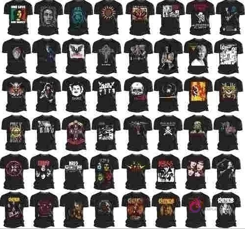 Panel visual con docenas de diseños de poleras de rock con logos de bandas icónicas como The Beatles, Ramones y Nirvana, demostrando la variedad del pack de vectores para sublimación y vinilo. Panel visual con docenas de diseños de poleras de rock con logos de bandas icónicas como The Beatles, Ramones y Nirvana, demostrando la variedad del pack de vectores para sublimación y vinilo.