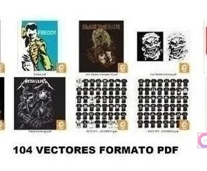 Vista previa de varios vectores en formato PDF, destacando diseños de 'All You Need is Rock', Freddy Mercury, Iron Maiden y The Doors, con el texto '104 VECTORES FORMATO PDF'.