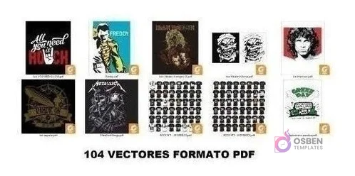 Vista previa de varios vectores en formato PDF, destacando diseños de 'All You Need is Rock', Freddy Mercury, Iron Maiden y The Doors, con el texto '104 VECTORES FORMATO PDF'. Vista previa de varios vectores en formato PDF, destacando diseños de 'All You Need is Rock', Freddy Mercury, Iron Maiden y The Doors, con el texto '104 VECTORES FORMATO PDF'.