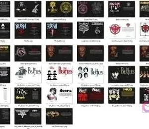 Grid de pequeños diseños de vectores en formato Corel (CDR) e Illustrator (EPS) de bandas como Queen, Ramones, Rush y The Beatles, parte de la colección para sublimación.