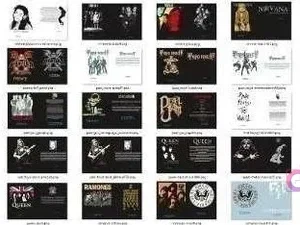 Más ejemplos de vectores CDR y EPS con arte de bandas como Nirvana, Kiss, Red Hot Chili Peppers y Led Zeppelin, ideales para proyectos de sublimación y vinilo.