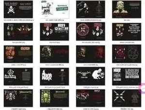 Tercer panel de muestra de vectores para Corel e Illustrator, incluyendo diseños de Metallica, Black Sabbath, Linkin Park y Megadeth, perfectos para merchandising musical.