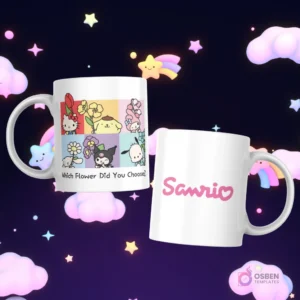 Tazas con diseño de paneles coloridos mostrando personajes Sanrio con flores y la pregunta 'Which Flower Did You Choose?', y el logo 'Sanrio' en rosado.