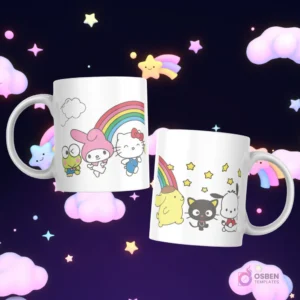 Tazas con My Melody, Hello Kitty, Keroppi, Pompompurin, Badtz-Maru y Pochacco con un arcoíris y estrellas sobre un fondo celeste.
