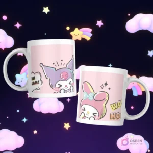 Tazas con Kuromi exclamando 'Oh Yeah!' y My Melody con un 'Woah!' en un estilo cómico sobre un fondo rosado.