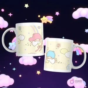 Tazas con Little Twin Stars volando y flotando entre nubes y estrellas en un fondo amarillo pastel.