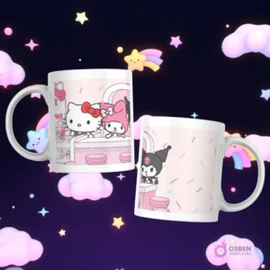 Tazas con Hello Kitty y My Melody en un mostrador de cafetería, y Kuromi en un taburete al reverso.