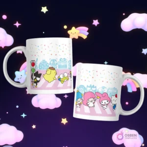 Tazas con varios personajes Sanrio, incluyendo Keroppi, Pompompurin, Hello Kitty, My Melody, Little Twin Stars, cruzando la calle en un paso de cebra.
