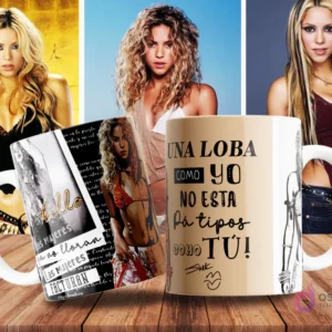 Taza de sublimación beige con diseño de Shakira y frase 'Las mujeres ya no lloran, las mujeres facturan' en fuente manuscrita
