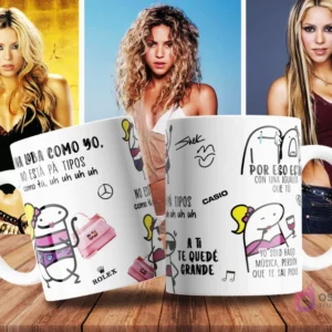 Taza de sublimación blanca con diseño de Shakira en estilo Flork y frase 'Una loba como yo no está pa' tipos como tú!' y elementos de memes