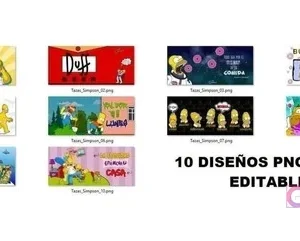 Cuadrícula con 10 diseños de Los Simpsons, indicando que son plantillas PNG y PSD editables, incluyendo el logo de Duff y Homero.