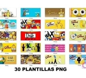 Cuadrícula mostrando 30 plantillas PNG variadas de Los Simpsons, con diferentes personajes y escenas listos para sublimar tazas.