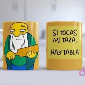 Taza de sublimación con el Abuelo Simpson y la frase 'Si tocas mi taza... ¡Hay tabla!' en un diseño divertido y amarillo.