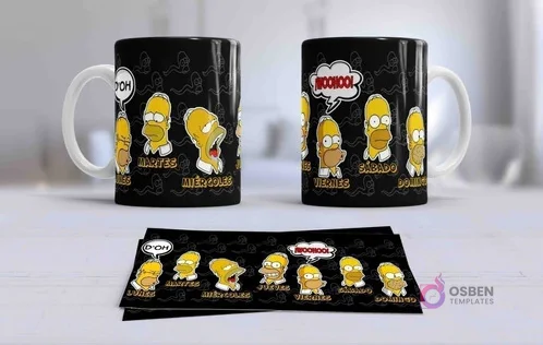Dos tazas de sublimación en fondo negro con Homero Simpson representando los días de la semana ('Lunes' a 'Domingo') y diferentes expresiones, con la plantilla. Dos tazas de sublimación en fondo negro con Homero Simpson representando los días de la semana ('Lunes' a 'Domingo') y diferentes expresiones, con la plantilla.