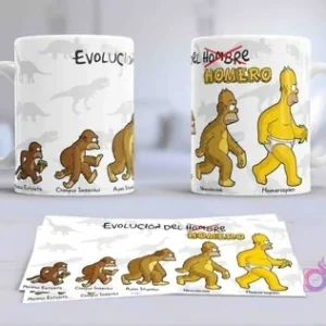 Dos tazas de sublimación con la 'Evolución del Hombre Homero' desde un simio hasta Homero Simpson, con la plantilla de diseño.