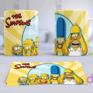Dos tazas de sublimación con 'The Simpsons' y la familia Simpson (Marge, Homero, Bart, Lisa, Maggie) tapándose los ojos, con la plantilla correspondiente.