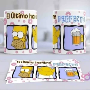 Dos tazas de sublimación con el diseño 'El último hombre perfecto' mostrando a Bart y Homero con cervezas y donuts, junto a la plantilla.