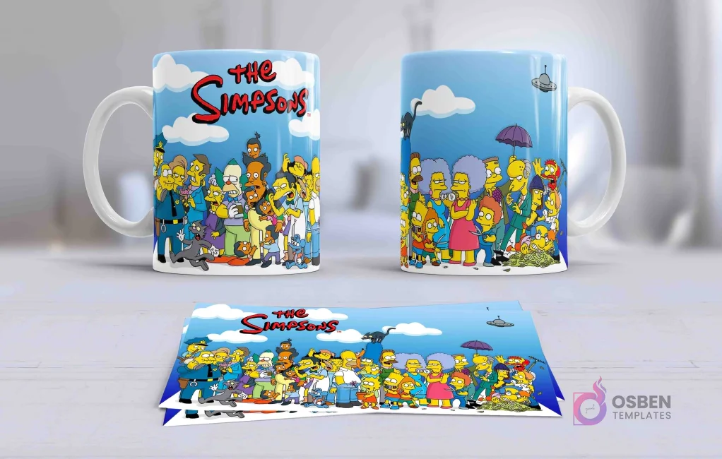 Taza sublimada con el elenco completo de personajes de Springfield de Los Simpsons sobre un fondo azul celeste con nubes, platillo volador y el logo 'The Simpsons'. Taza sublimada con el elenco completo de personajes de Springfield de Los Simpsons sobre un fondo azul celeste con nubes, platillo volador y el logo 'The Simpsons'.