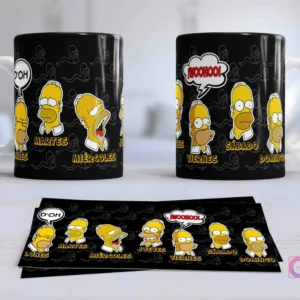 Taza con diseño de Homer Simpson en diferentes poses y expresiones para cada día de la semana (Lunes a Domingo), incluyendo frases 'D'oh' y 'Woohoo!' sobre fondo negro.