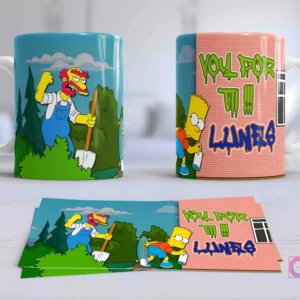 Taza con diseños de Los Simpsons: Homer vestido de jardinero en un lado y Bart grafitero en el otro, con la frase humorística 'Yoli Por Ti Lunes'.