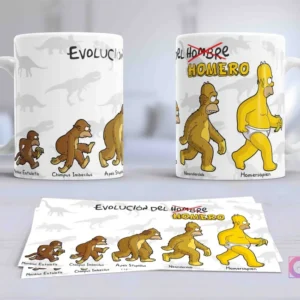Taza con diseño de la 'Evolución del Hombre Homero' parodiando la teoría evolutiva, culminando en Homer Simpson con ropa interior sobre un fondo de siluetas de dinosaurios.