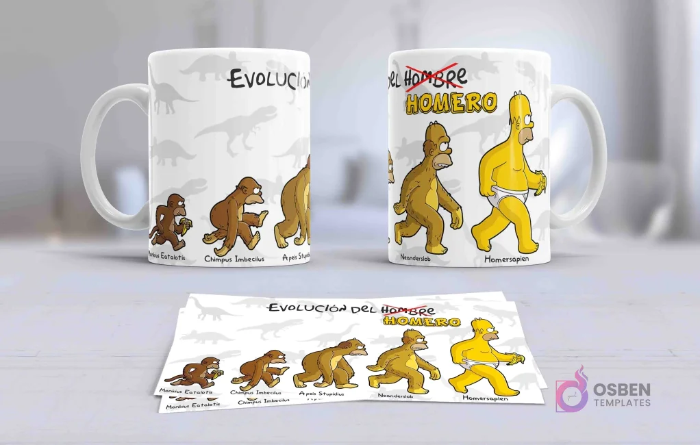 Taza con diseño de la 'Evolución del Hombre Homero' parodiando la teoría evolutiva, culminando en Homer Simpson con ropa interior sobre un fondo de siluetas de dinosaurios. Taza con diseño de la 'Evolución del Hombre Homero' parodiando la teoría evolutiva, culminando en Homer Simpson con ropa interior sobre un fondo de siluetas de dinosaurios.