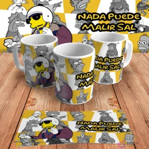 Diseño para taza de sublimación con Bart Simpson con casco y gafas de sol, y la frase 'Nada puede malir sal', en mockups de tazas y diseño plano sobre madera.