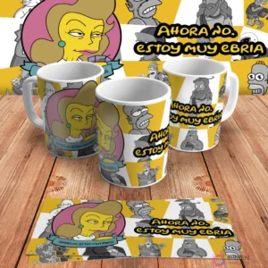 Diseño para taza de sublimación con LaBarbra Conrad (personaje de Futurama en estilo Los Simpsons) y la frase 'Ahora no, estoy muy ebria', en mockups de tazas y diseño plano.
