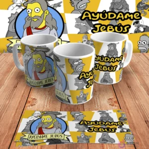 Diseño para taza de sublimación con el personaje de Jesús estilo Los Simpsons y la frase 'Ayúdame Jebús', presentado en tres mockups de tazas y un diseño plano sobre madera.