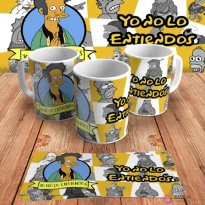 Diseño para taza de sublimación con Apu Nahasapeemapetilon de Los Simpsons y la frase 'Yo no lo entiendos', en mockups de tazas y diseño plano sobre madera.