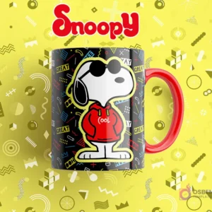 Taza sublimada negra con Snoopy usando gafas de sol y sudadera roja