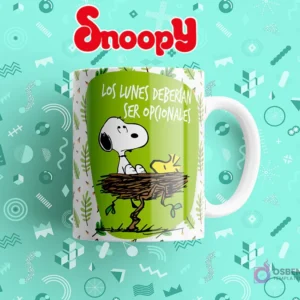 Taza sublimada blanca con Snoopy y Woodstock en un nido, y la frase divertida