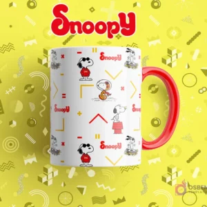 Taza sublimada blanca con patrones coloridos y múltiples imágenes de Snoopy en diversas poses divertidas.