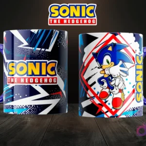 Par de tazas sublimadas de Sonic con asas azules. Una taza muestra el logo de Sonic con patrones abstractos, la otra presenta a Sonic en una pose dinámica con un marco rojo.